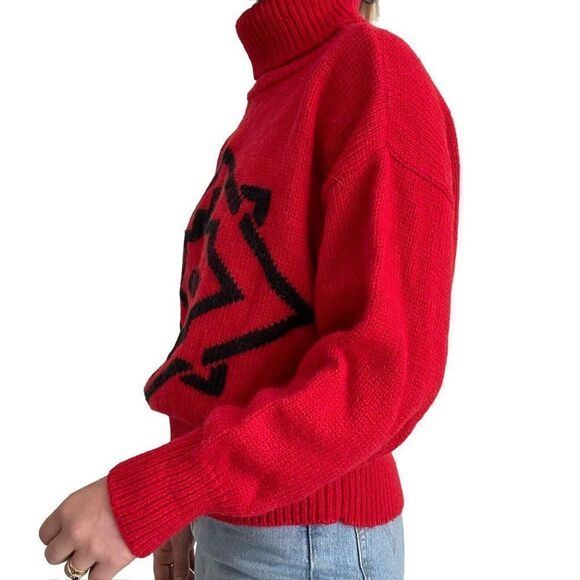 Vintage 80s Boundary Waters Red Wool Blend Geometric Retro Turtleneck Sweater - Picture 6 of 8